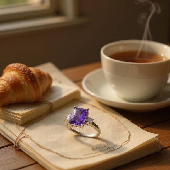 Sterling Silver Rectangular Purple Amethyst Triple CZ Ring New - Picture 6 of 6